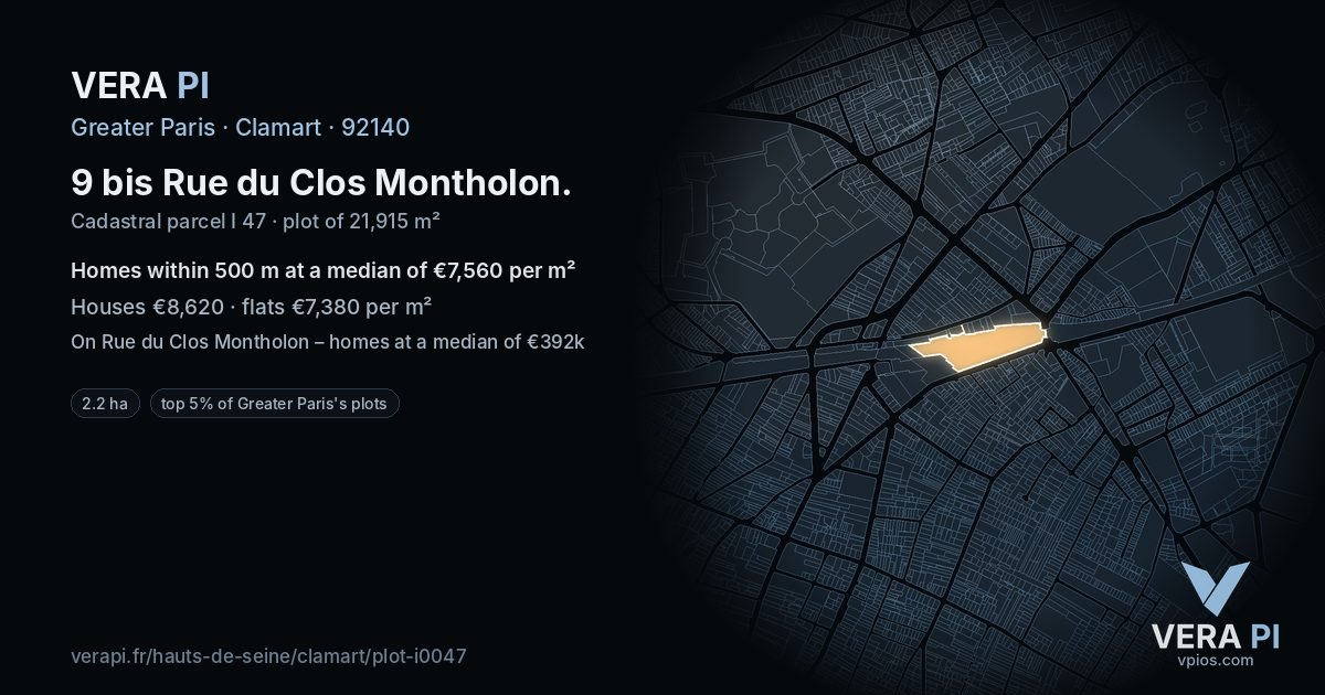 9 bis Rue du Clos Montholon, Clamart at night – the plot lit, the parcels around coloured by the prices near them
