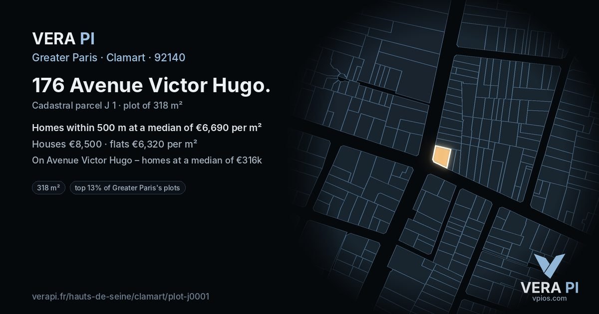 176 Avenue Victor Hugo, Clamart at night – the plot lit, the parcels around coloured by the prices near them