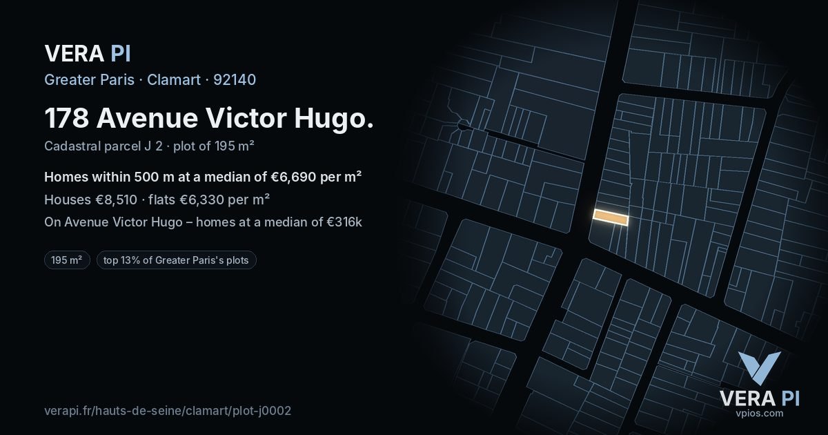 178 Avenue Victor Hugo, Clamart at night – the plot lit, the parcels around coloured by the prices near them