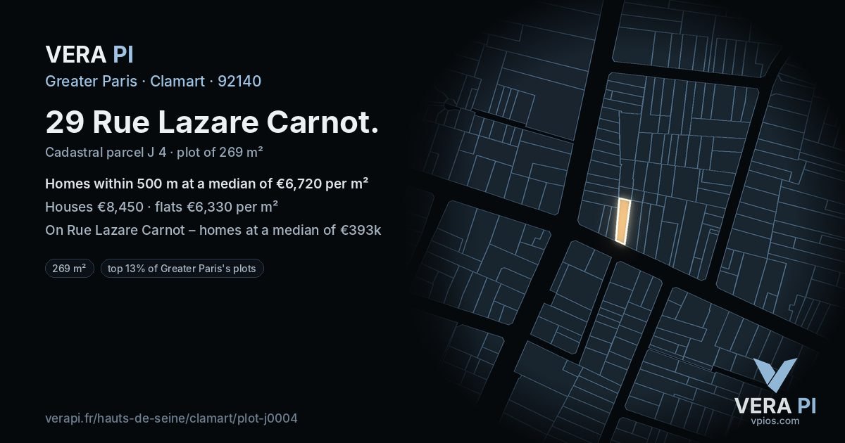 29 Rue Lazare Carnot, Clamart at night – the plot lit, the parcels around coloured by the prices near them