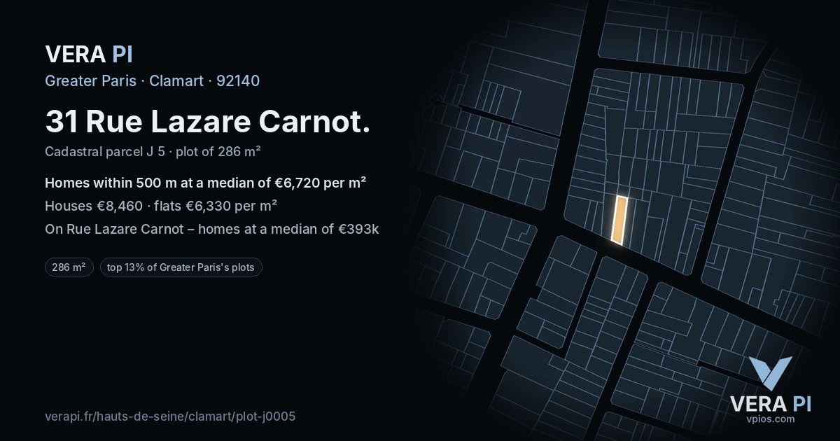 31 Rue Lazare Carnot, Clamart at night – the plot lit, the parcels around coloured by the prices near them