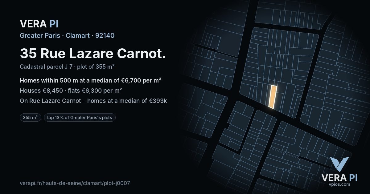 35 Rue Lazare Carnot, Clamart at night – the plot lit, the parcels around coloured by the prices near them