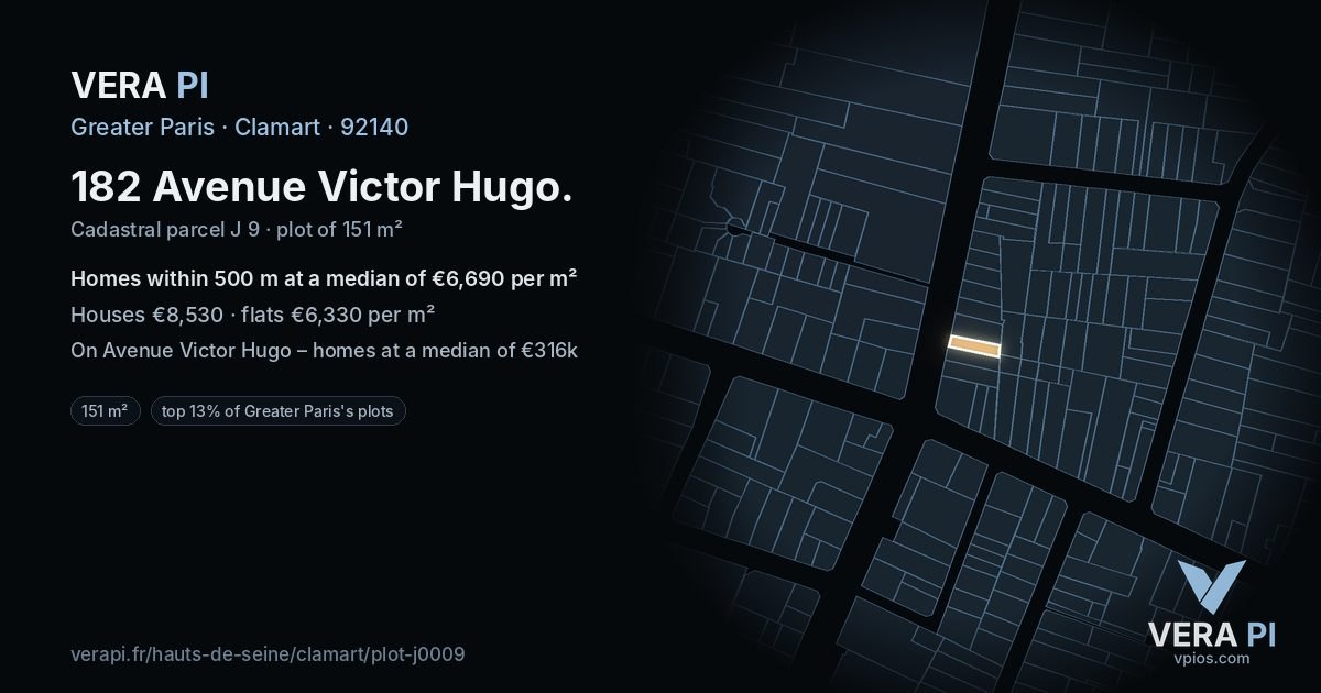 182 Avenue Victor Hugo, Clamart at night – the plot lit, the parcels around coloured by the prices near them