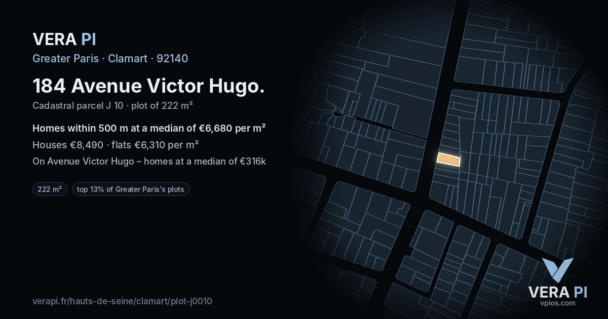 184 Avenue Victor Hugo, Clamart at night – the plot lit, the parcels around coloured by the prices near them