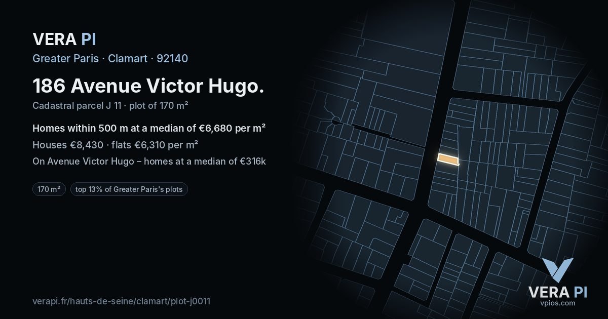 186 Avenue Victor Hugo, Clamart at night – the plot lit, the parcels around coloured by the prices near them