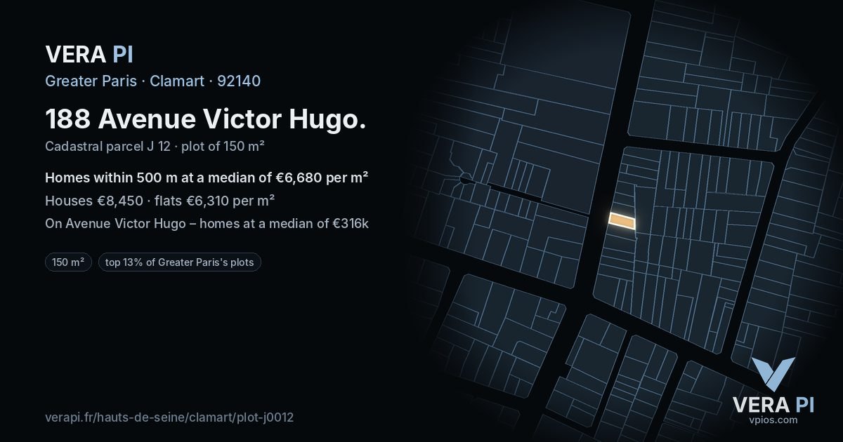 188 Avenue Victor Hugo, Clamart at night – the plot lit, the parcels around coloured by the prices near them