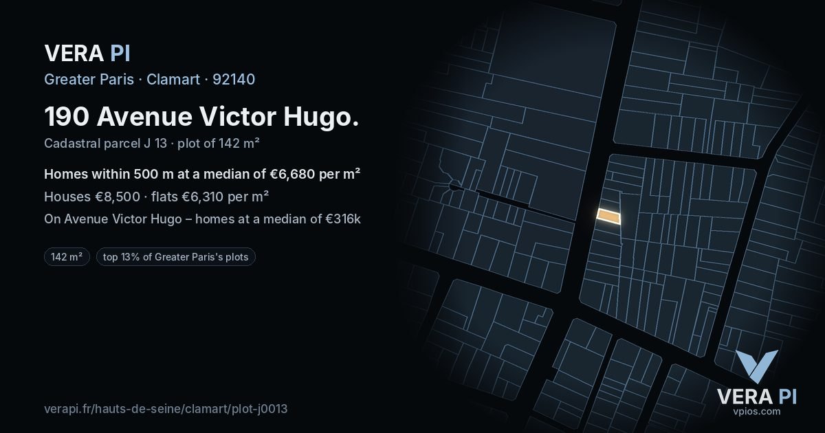 190 Avenue Victor Hugo, Clamart at night – the plot lit, the parcels around coloured by the prices near them