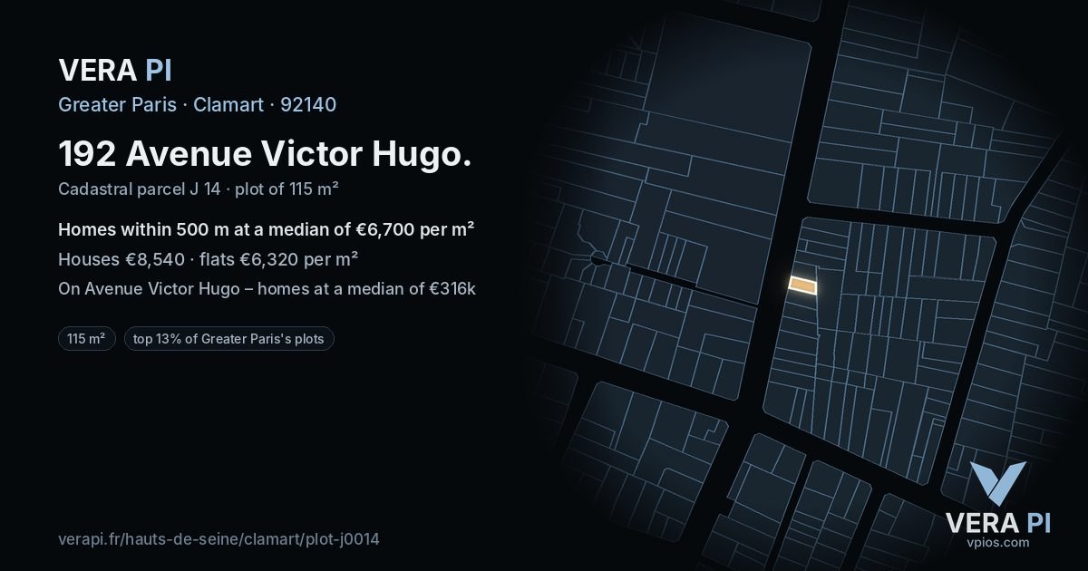 192 Avenue Victor Hugo, Clamart at night – the plot lit, the parcels around coloured by the prices near them