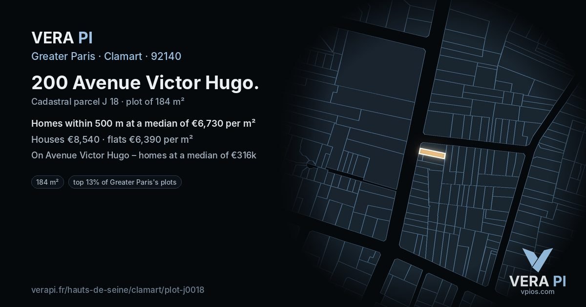 200 Avenue Victor Hugo, Clamart at night – the plot lit, the parcels around coloured by the prices near them
