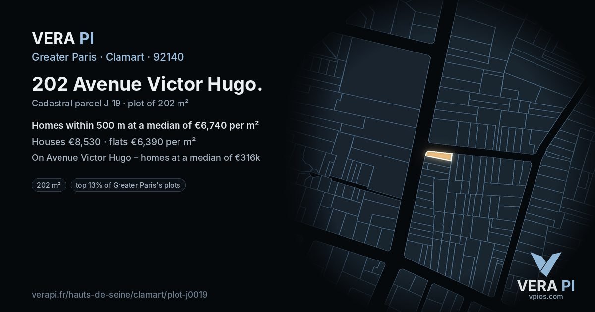 202 Avenue Victor Hugo, Clamart at night – the plot lit, the parcels around coloured by the prices near them