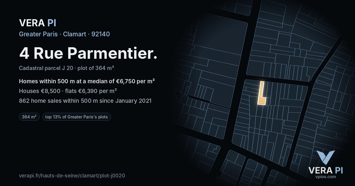 4 Rue Parmentier, Clamart at night – the plot lit, the parcels around coloured by the prices near them