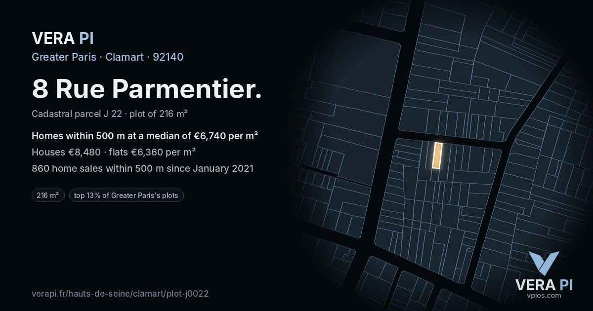 8 Rue Parmentier, Clamart at night – the plot lit, the parcels around coloured by the prices near them