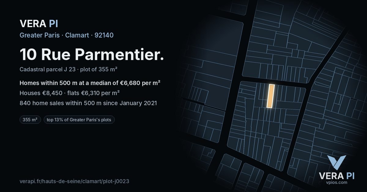 10 Rue Parmentier, Clamart at night – the plot lit, the parcels around coloured by the prices near them