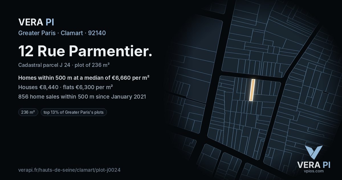 12 Rue Parmentier, Clamart at night – the plot lit, the parcels around coloured by the prices near them