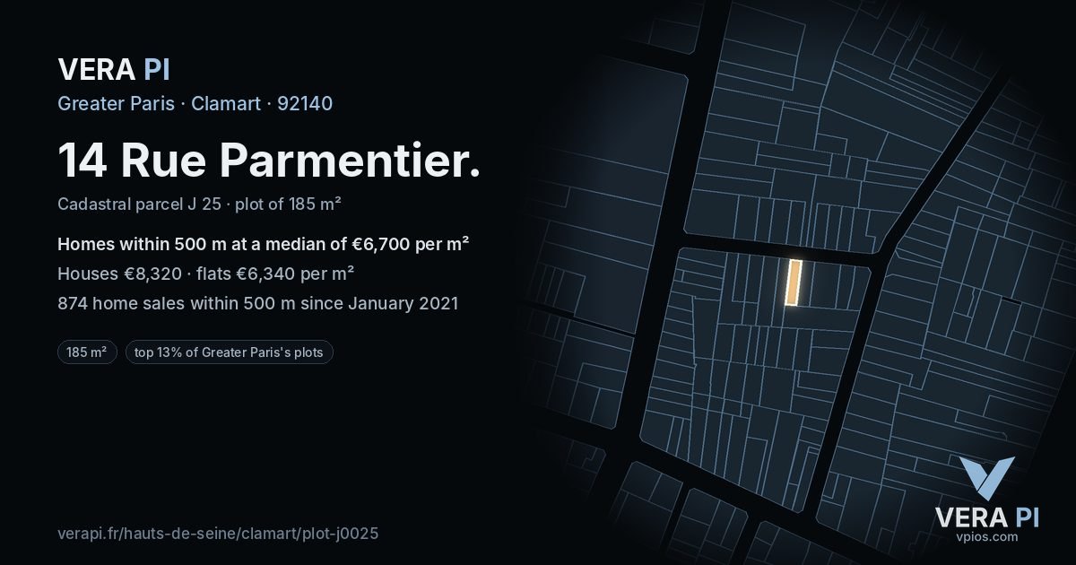 14 Rue Parmentier, Clamart at night – the plot lit, the parcels around coloured by the prices near them
