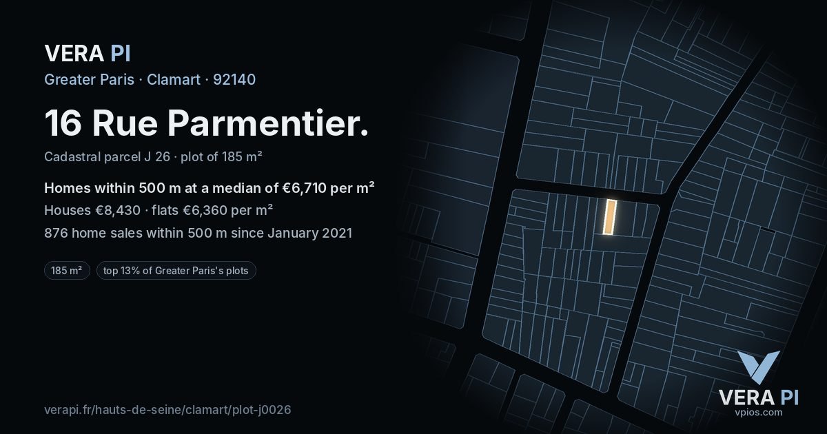 16 Rue Parmentier, Clamart at night – the plot lit, the parcels around coloured by the prices near them