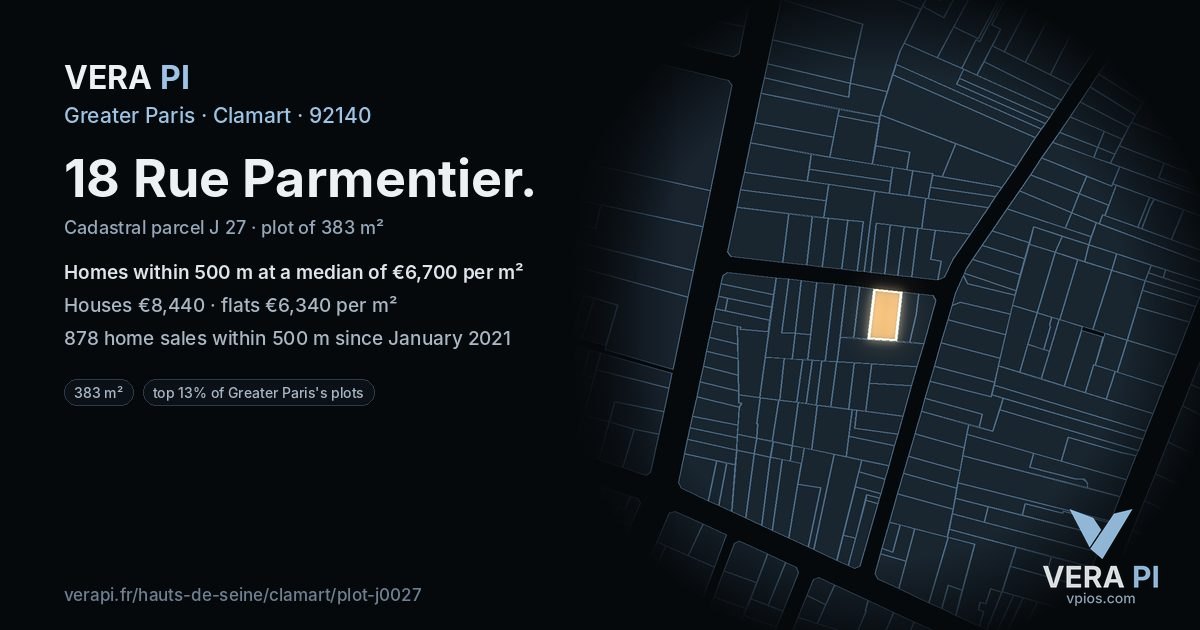 18 Rue Parmentier, Clamart at night – the plot lit, the parcels around coloured by the prices near them
