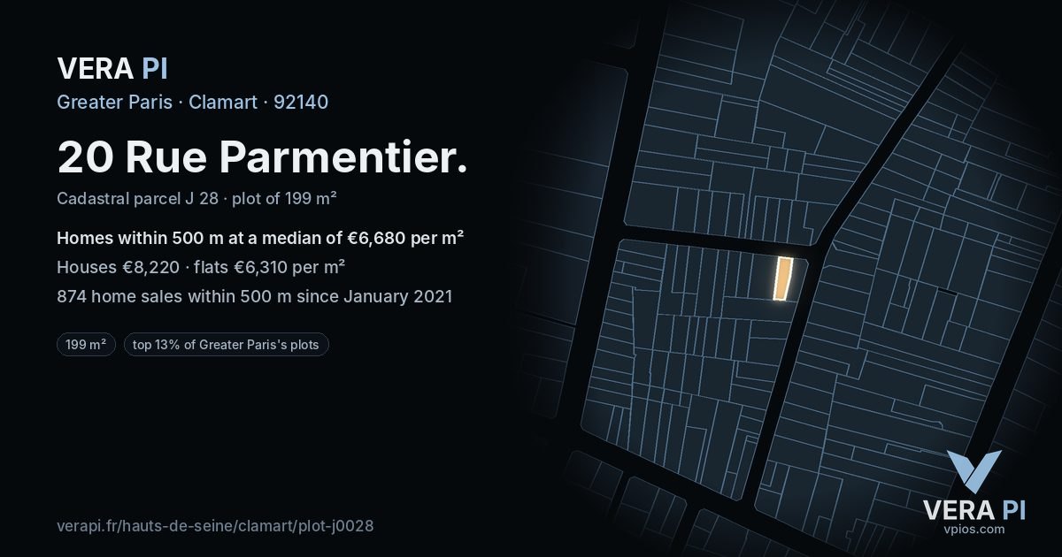 20 Rue Parmentier, Clamart at night – the plot lit, the parcels around coloured by the prices near them