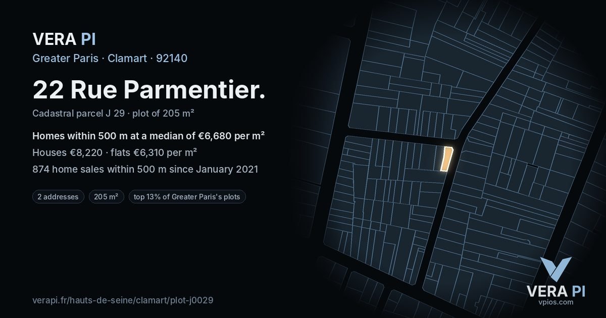 22 Rue Parmentier, Clamart at night – the plot lit, the parcels around coloured by the prices near them