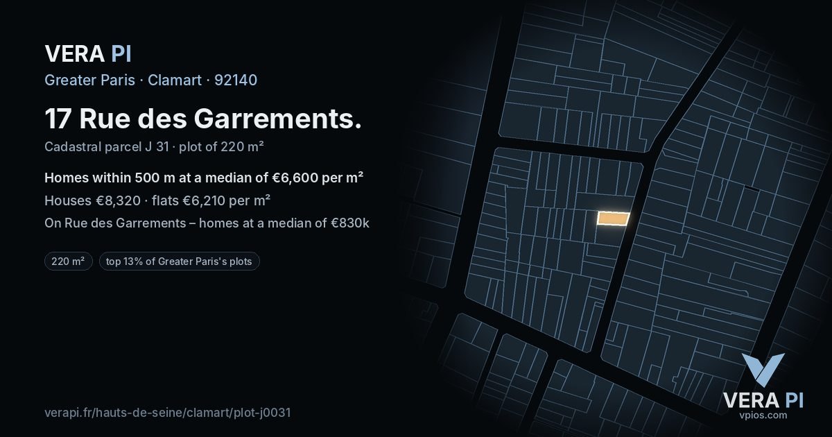 17 Rue des Garrements, Clamart at night – the plot lit, the parcels around coloured by the prices near them