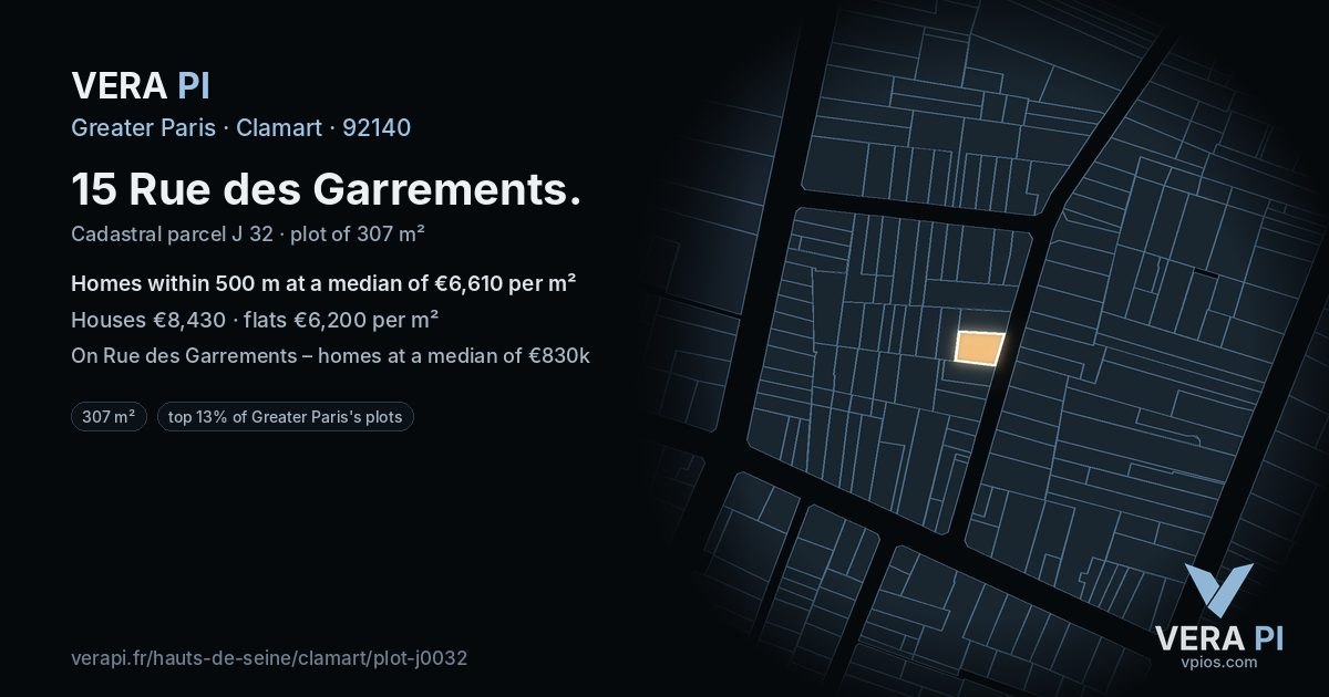15 Rue des Garrements, Clamart at night – the plot lit, the parcels around coloured by the prices near them