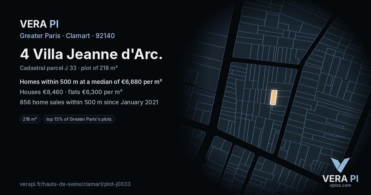 4 Villa Jeanne d'Arc, Clamart at night – the plot lit, the parcels around coloured by the prices near them