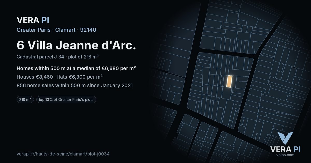 6 Villa Jeanne d'Arc, Clamart at night – the plot lit, the parcels around coloured by the prices near them