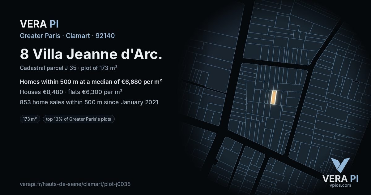8 Villa Jeanne d'Arc, Clamart at night – the plot lit, the parcels around coloured by the prices near them