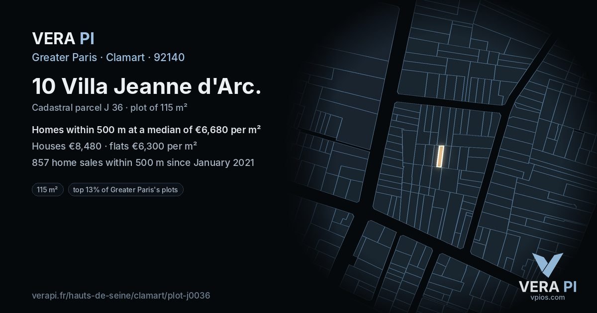 10 Villa Jeanne d'Arc, Clamart at night – the plot lit, the parcels around coloured by the prices near them