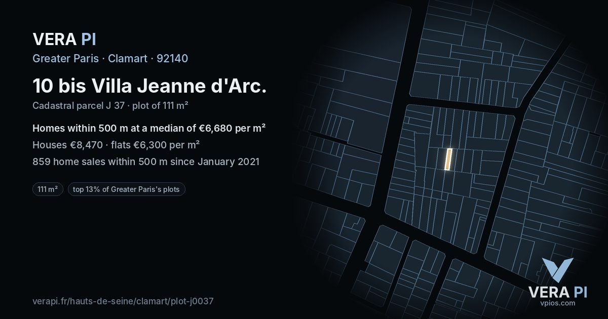 10 bis Villa Jeanne d'Arc, Clamart at night – the plot lit, the parcels around coloured by the prices near them
