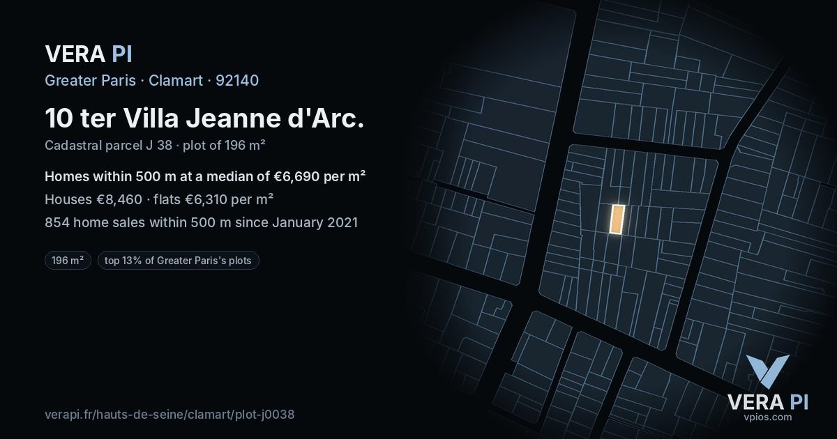 10 ter Villa Jeanne d'Arc, Clamart at night – the plot lit, the parcels around coloured by the prices near them