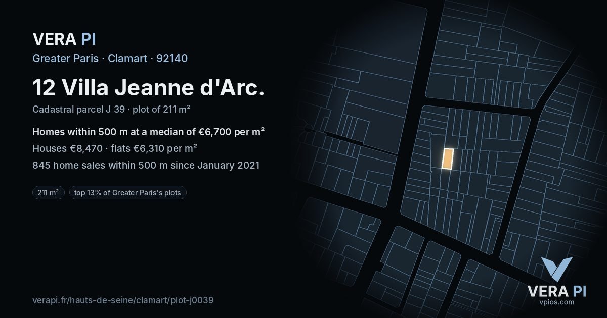 12 Villa Jeanne d'Arc, Clamart at night – the plot lit, the parcels around coloured by the prices near them