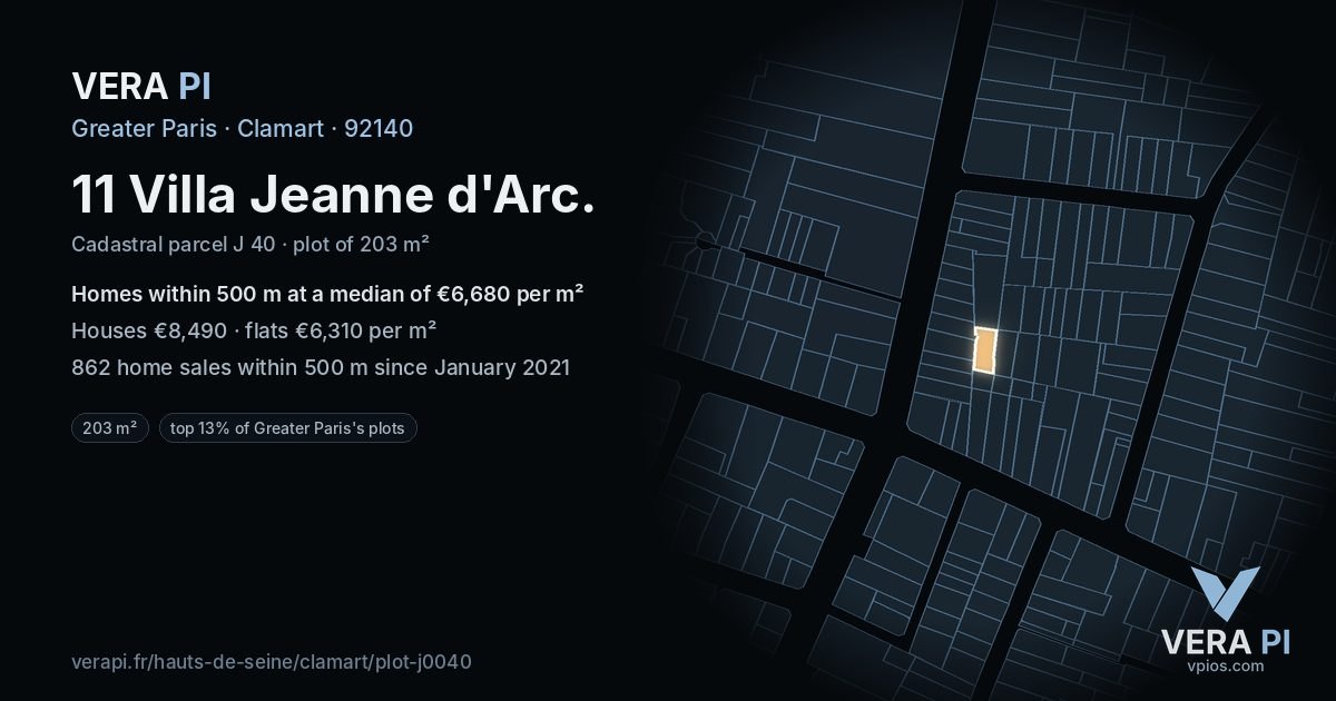 11 Villa Jeanne d'Arc, Clamart at night – the plot lit, the parcels around coloured by the prices near them