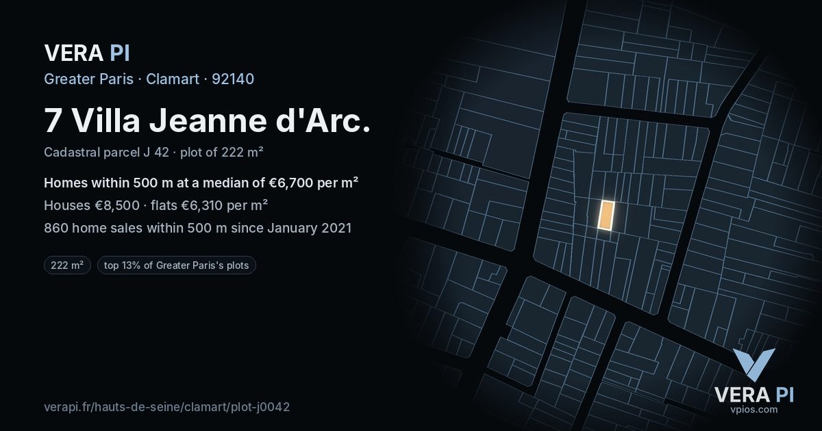 7 Villa Jeanne d'Arc, Clamart at night – the plot lit, the parcels around coloured by the prices near them