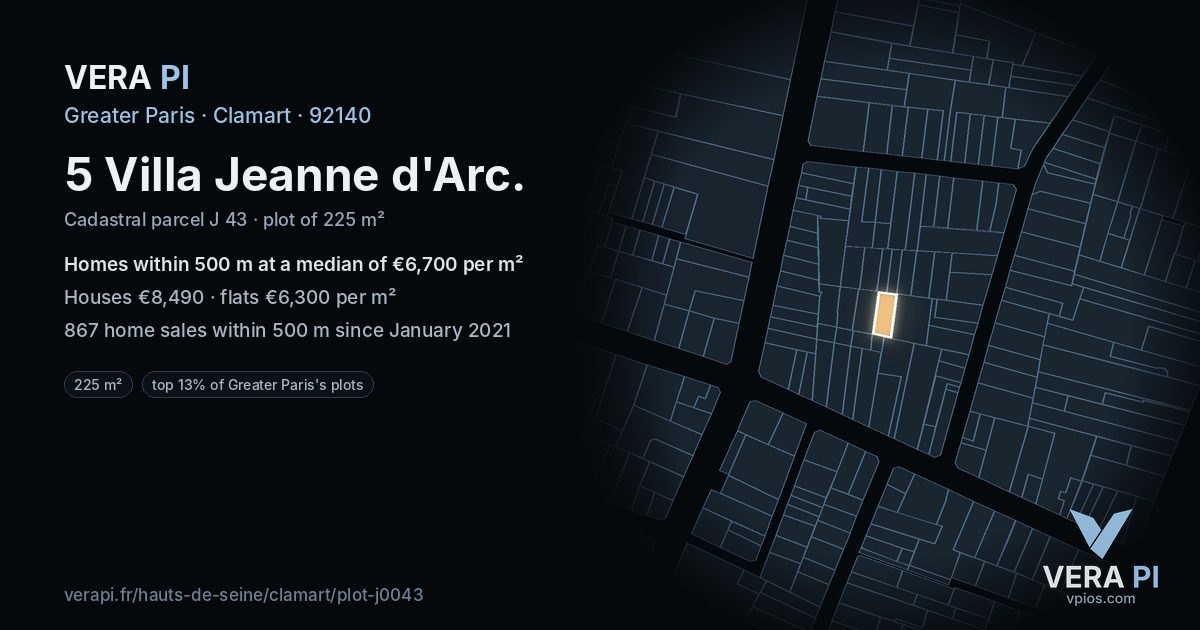 5 Villa Jeanne d'Arc, Clamart at night – the plot lit, the parcels around coloured by the prices near them