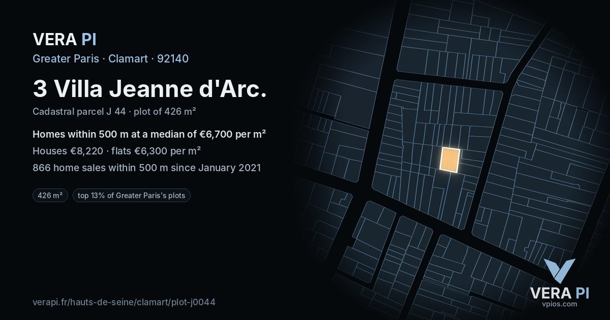 3 Villa Jeanne d'Arc, Clamart at night – the plot lit, the parcels around coloured by the prices near them