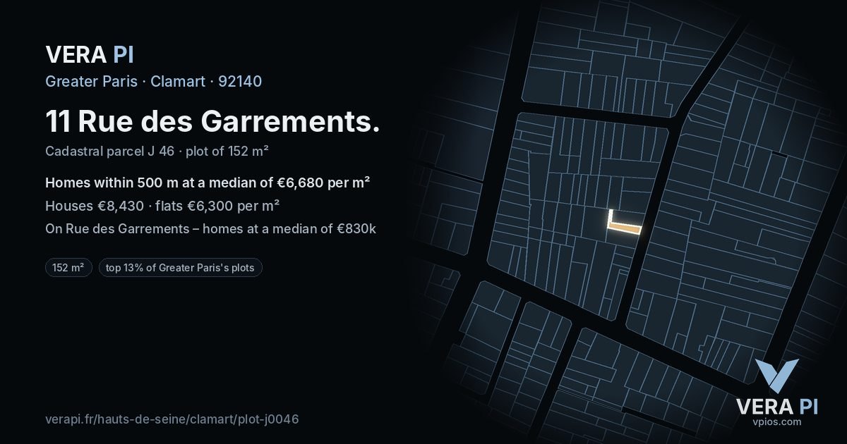 11 Rue des Garrements, Clamart at night – the plot lit, the parcels around coloured by the prices near them