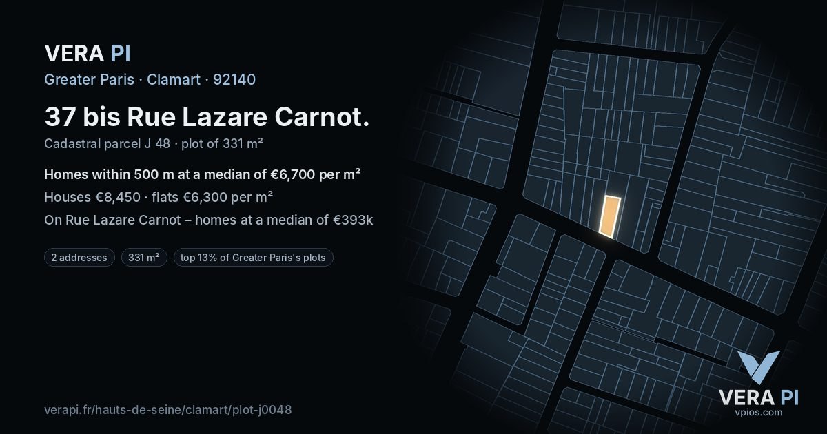 37 bis Rue Lazare Carnot, Clamart at night – the plot lit, the parcels around coloured by the prices near them