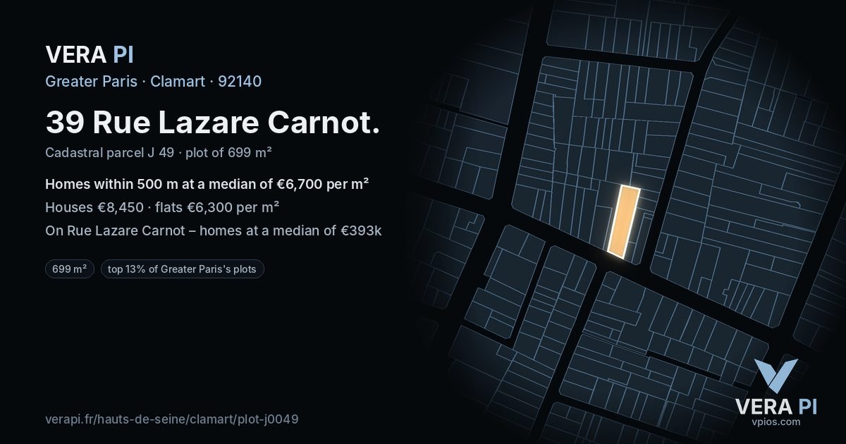 39 Rue Lazare Carnot, Clamart at night – the plot lit, the parcels around coloured by the prices near them