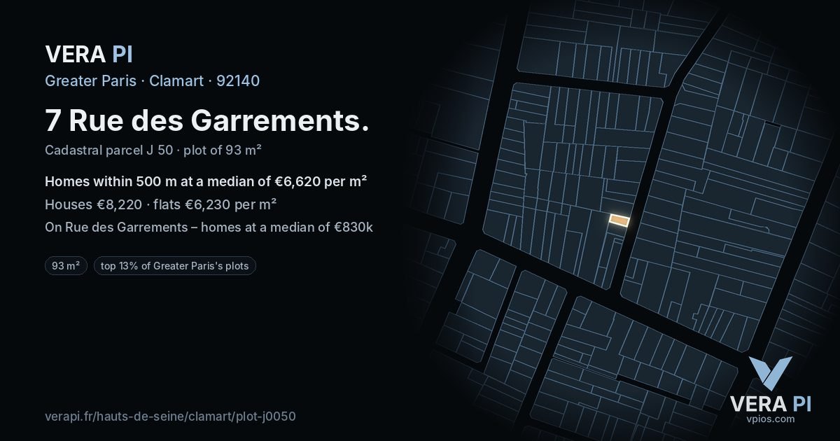 7 Rue des Garrements, Clamart at night – the plot lit, the parcels around coloured by the prices near them