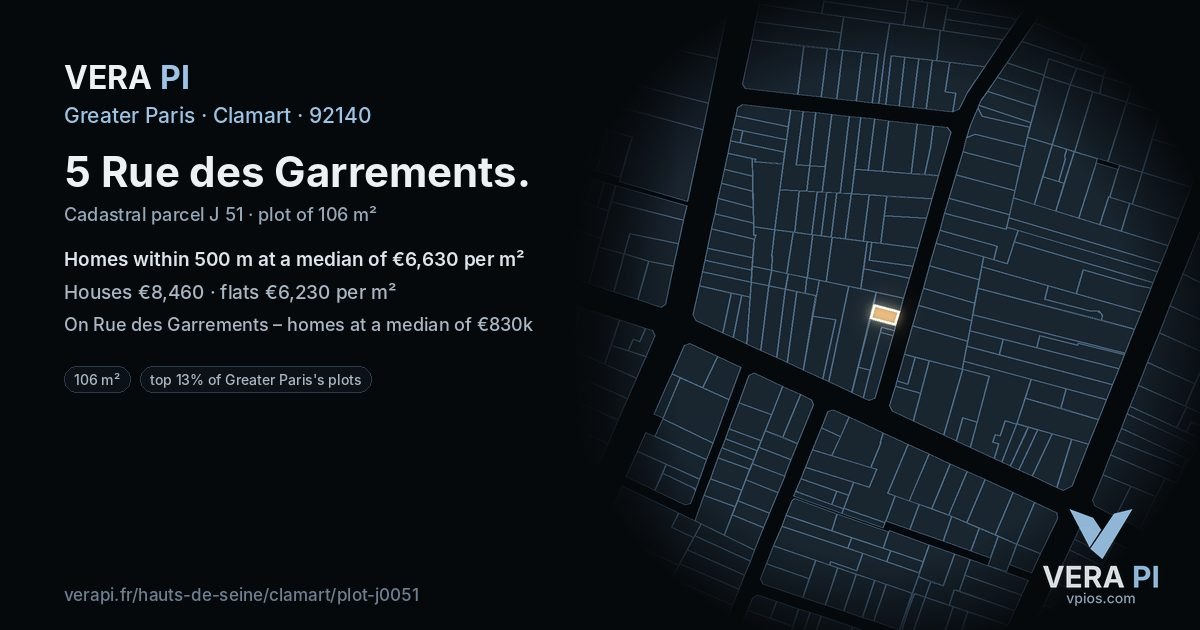 5 Rue des Garrements, Clamart at night – the plot lit, the parcels around coloured by the prices near them