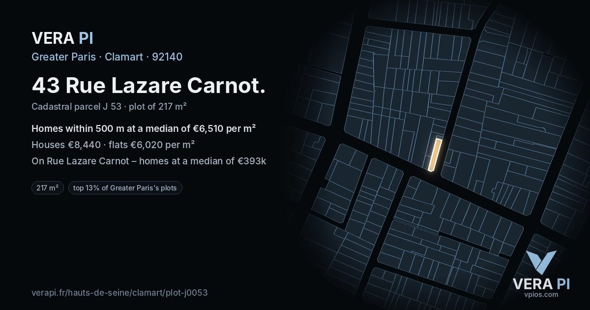 43 Rue Lazare Carnot, Clamart at night – the plot lit, the parcels around coloured by the prices near them