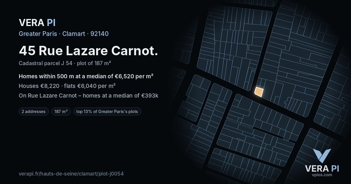 45 Rue Lazare Carnot, Clamart at night – the plot lit, the parcels around coloured by the prices near them
