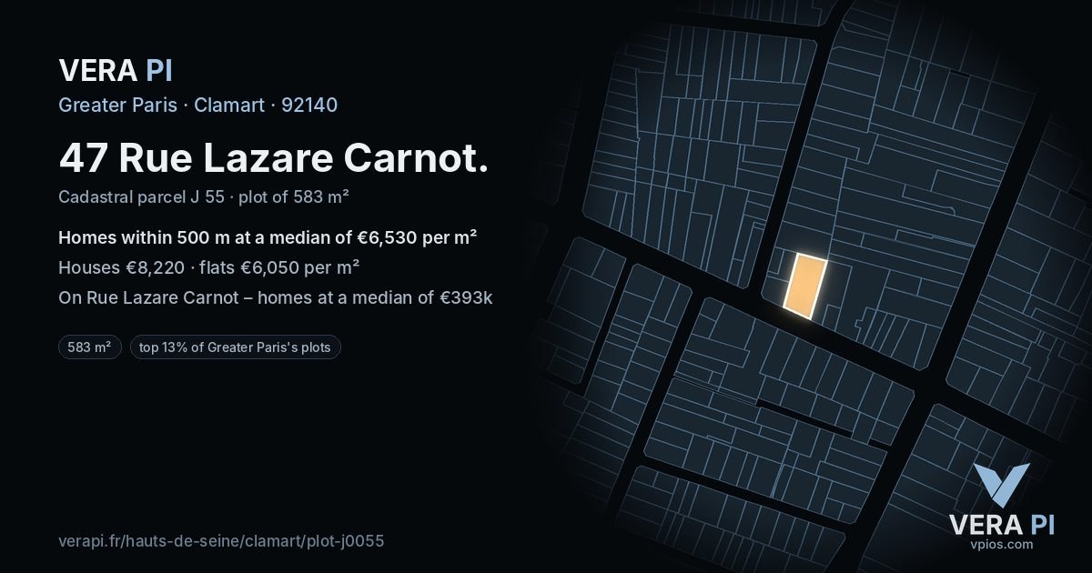 47 Rue Lazare Carnot, Clamart at night – the plot lit, the parcels around coloured by the prices near them