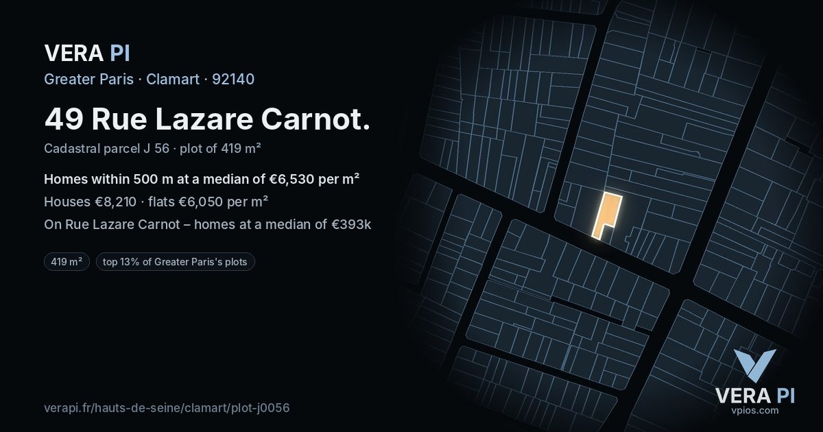 49 Rue Lazare Carnot, Clamart at night – the plot lit, the parcels around coloured by the prices near them