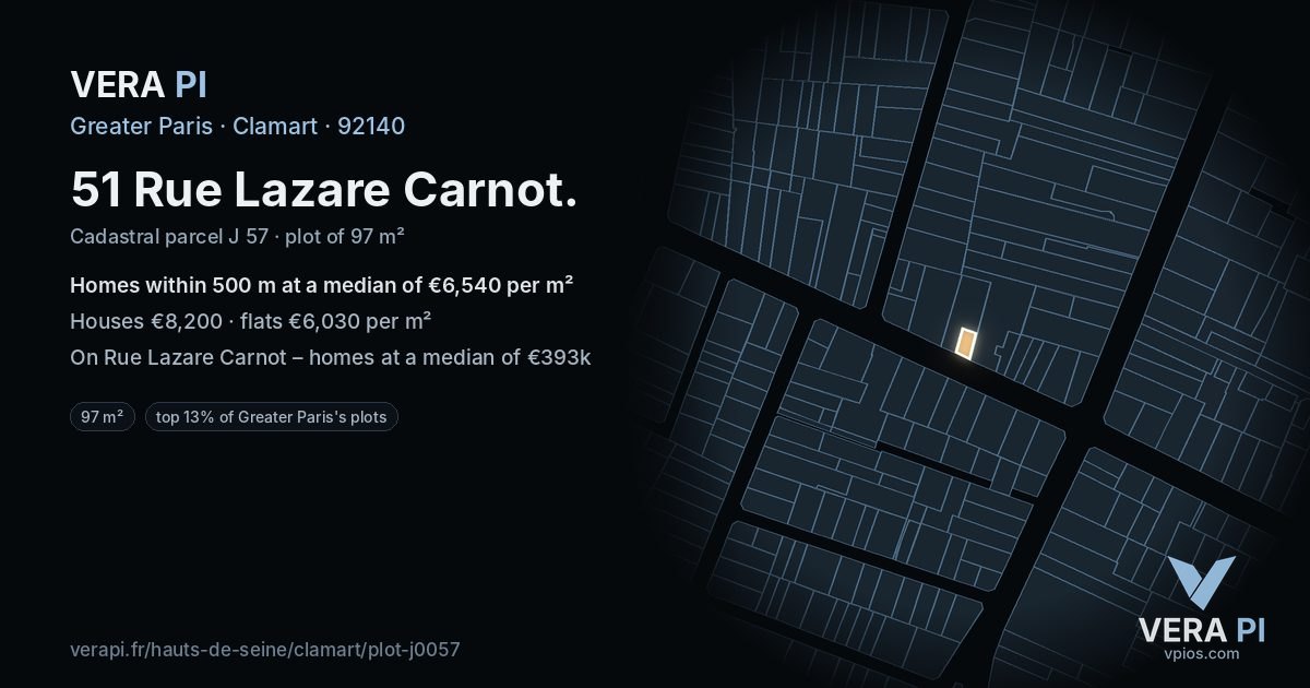 51 Rue Lazare Carnot, Clamart at night – the plot lit, the parcels around coloured by the prices near them