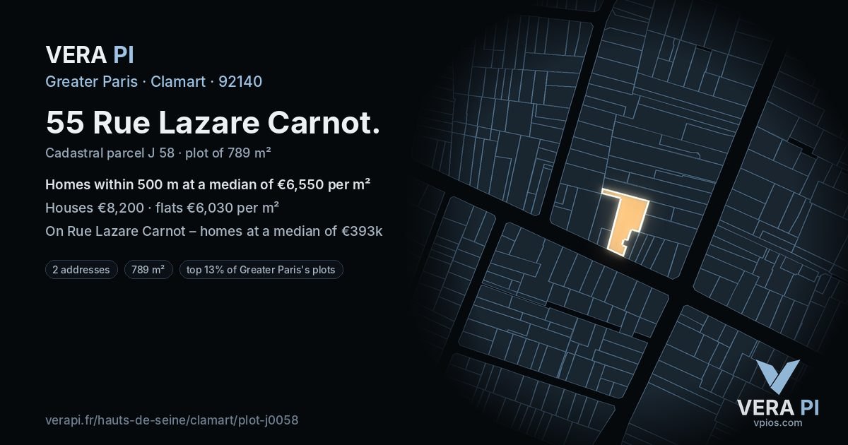 55 Rue Lazare Carnot, Clamart at night – the plot lit, the parcels around coloured by the prices near them