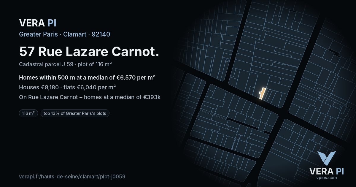 57 Rue Lazare Carnot, Clamart at night – the plot lit, the parcels around coloured by the prices near them