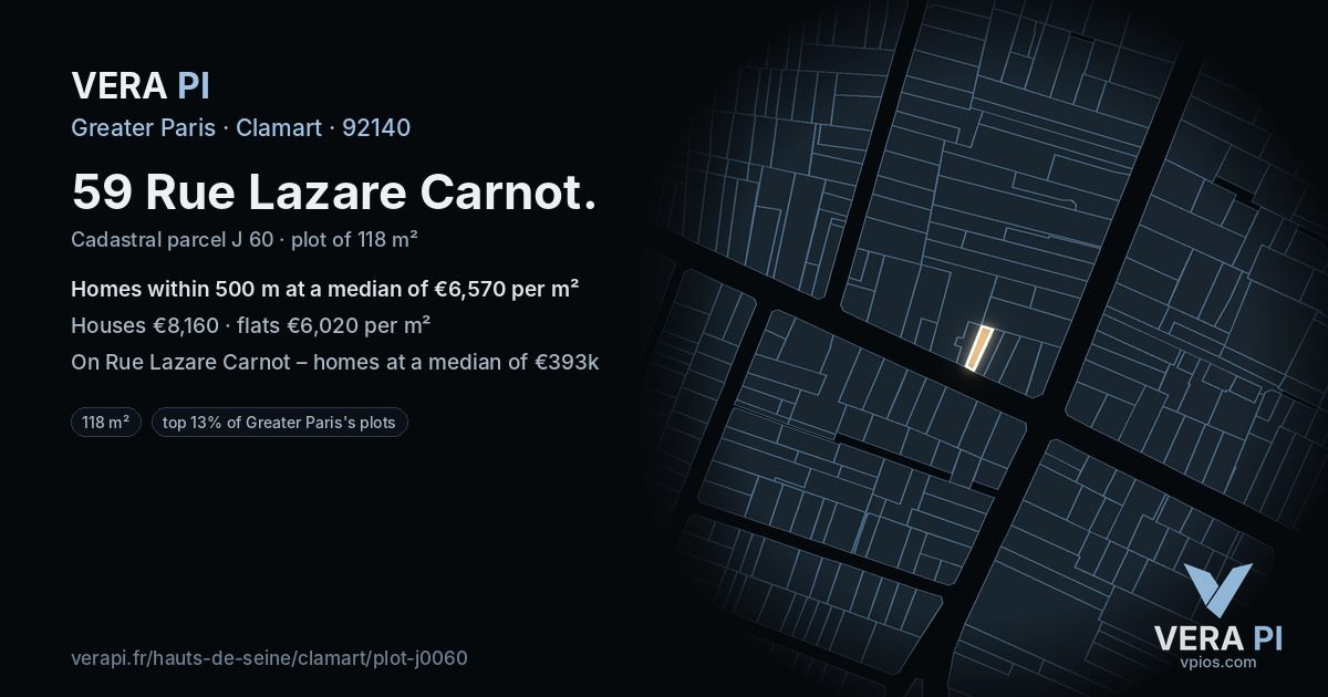 59 Rue Lazare Carnot, Clamart at night – the plot lit, the parcels around coloured by the prices near them