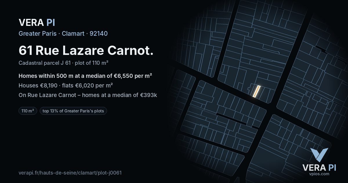 61 Rue Lazare Carnot, Clamart at night – the plot lit, the parcels around coloured by the prices near them